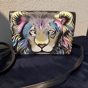 Anuschka Lion Leo Lyoness Multi Color Leather Wallet Crossbody BNNU